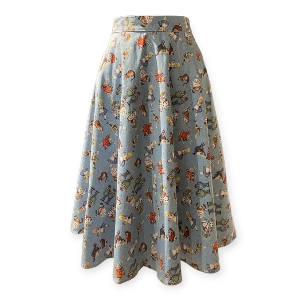 Alice in Wonderland Novelty Print Swing Skirt Retro Blue XL